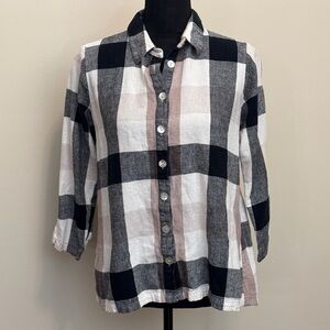 Soft Surroundings Womens M Carreaux Checkered Shirt Linen Blend Zipper Plaid 3/4